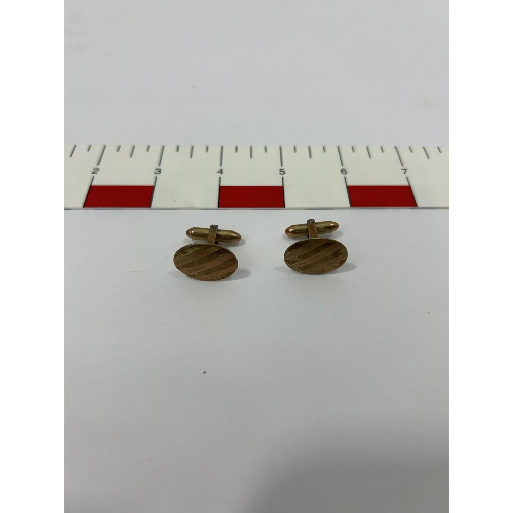 Vintage Gold Tone Cufflinks Mens Oval Diagonal Stripe Bullet Back Dress Pair